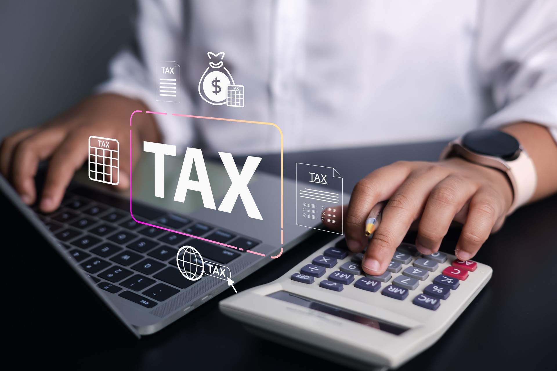 Tax filing, financial planning, accounting, online tax payment, business finance, and personal income tax management. Close-up of accountant using laptop and calculator with digital tax icons.