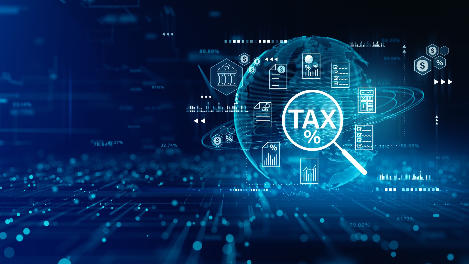 Modern digital tax analysis interface with global data network, charts, and financial documents. Ideal for fintech, accounting, and digital finance projects. 3d Rendering