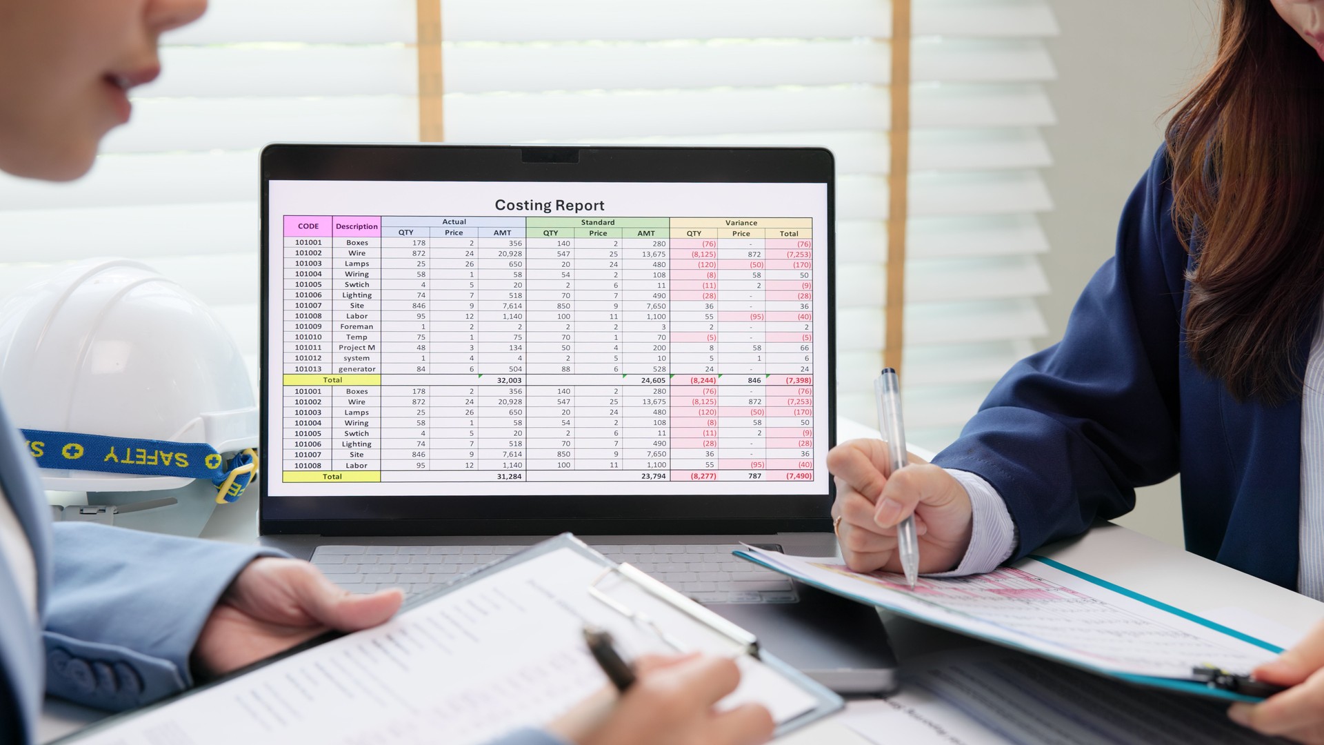 Expert woman asian people discuss review data number costing managerial account prepare monthly actual cost variance report income tax at audit office. ESG budget control ERP process service project.