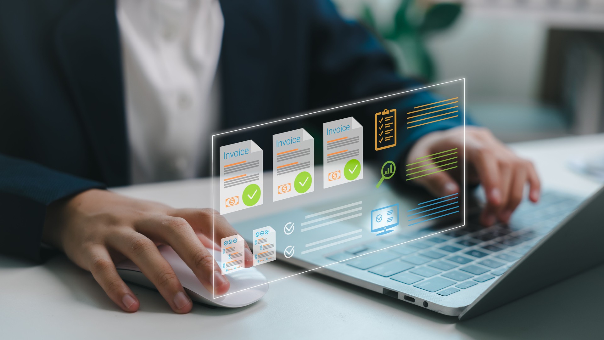 Businessperson using laptop with digital invoice and finance icons. Concept of electronic billing, invoice management, accounting automation, financial reporting, and paperless office system.